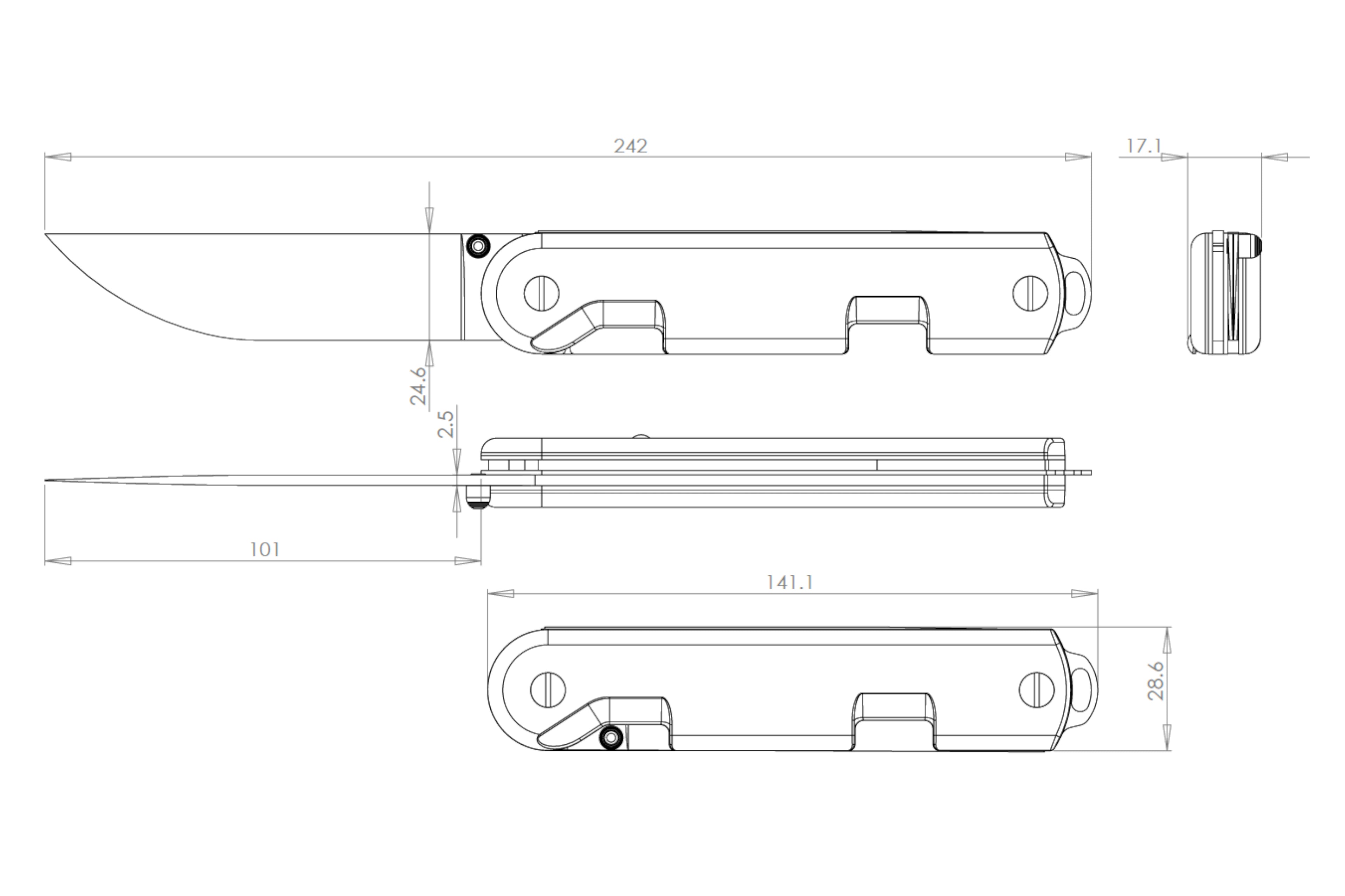 plan comporenant les cotes techniques du couteau baroudeur