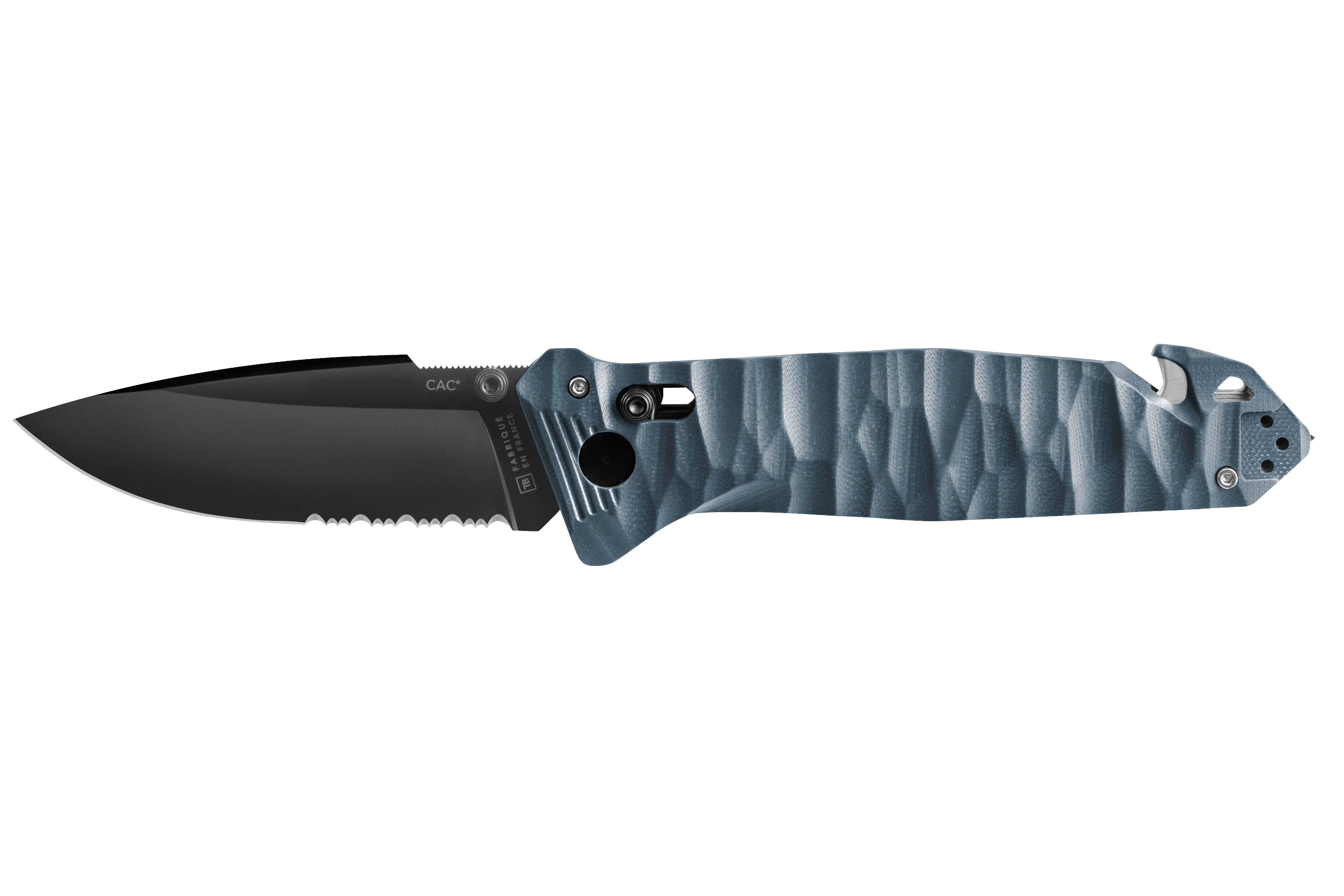 Couteau C.A.C. lame serations manche en G10 couleur ardoise