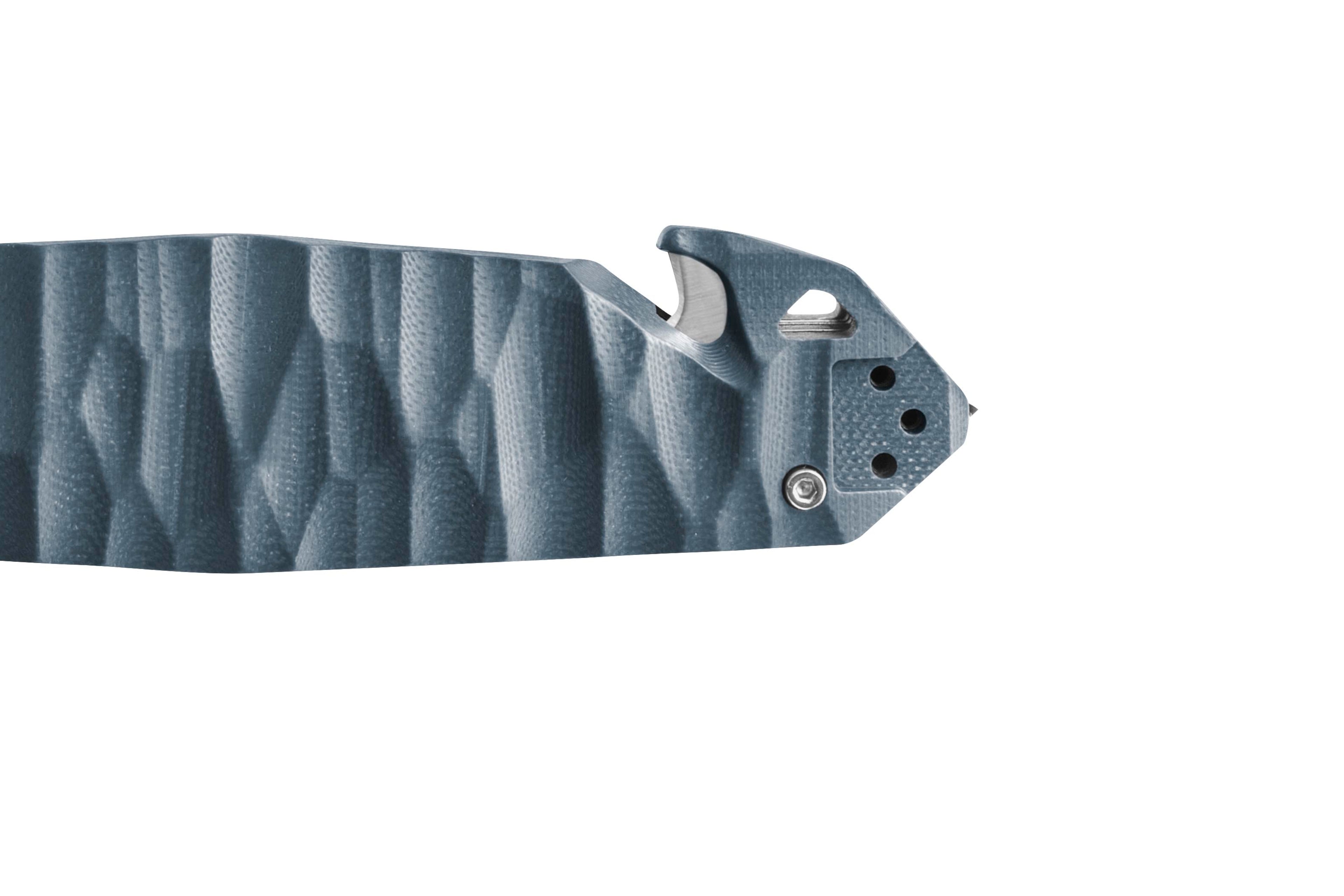Zoom sur le manche Couteau C.A.C. lame serations manche en G10 couleur ardoise