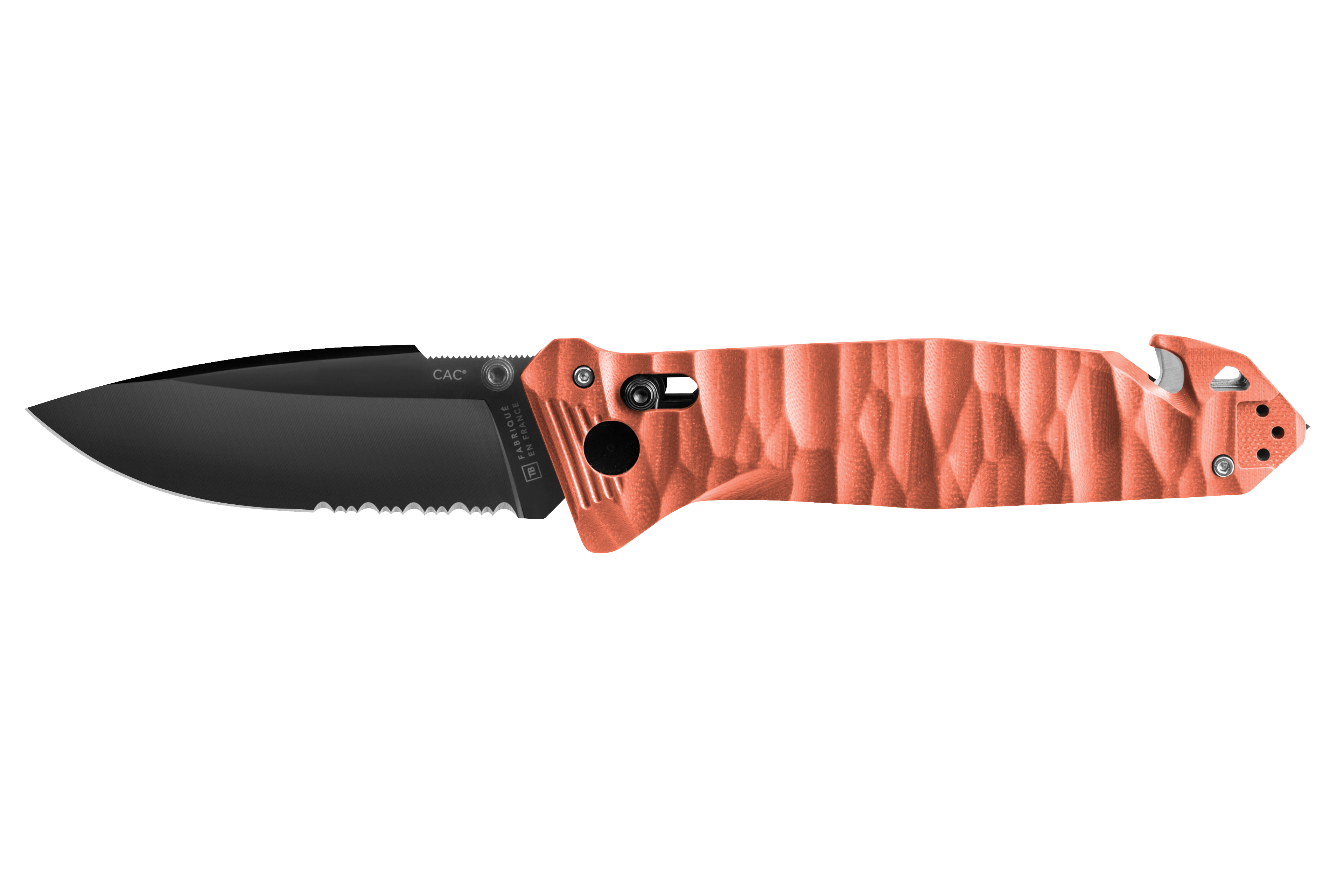 Couteau C.A.C. lame serations manche en G10 couleur corail