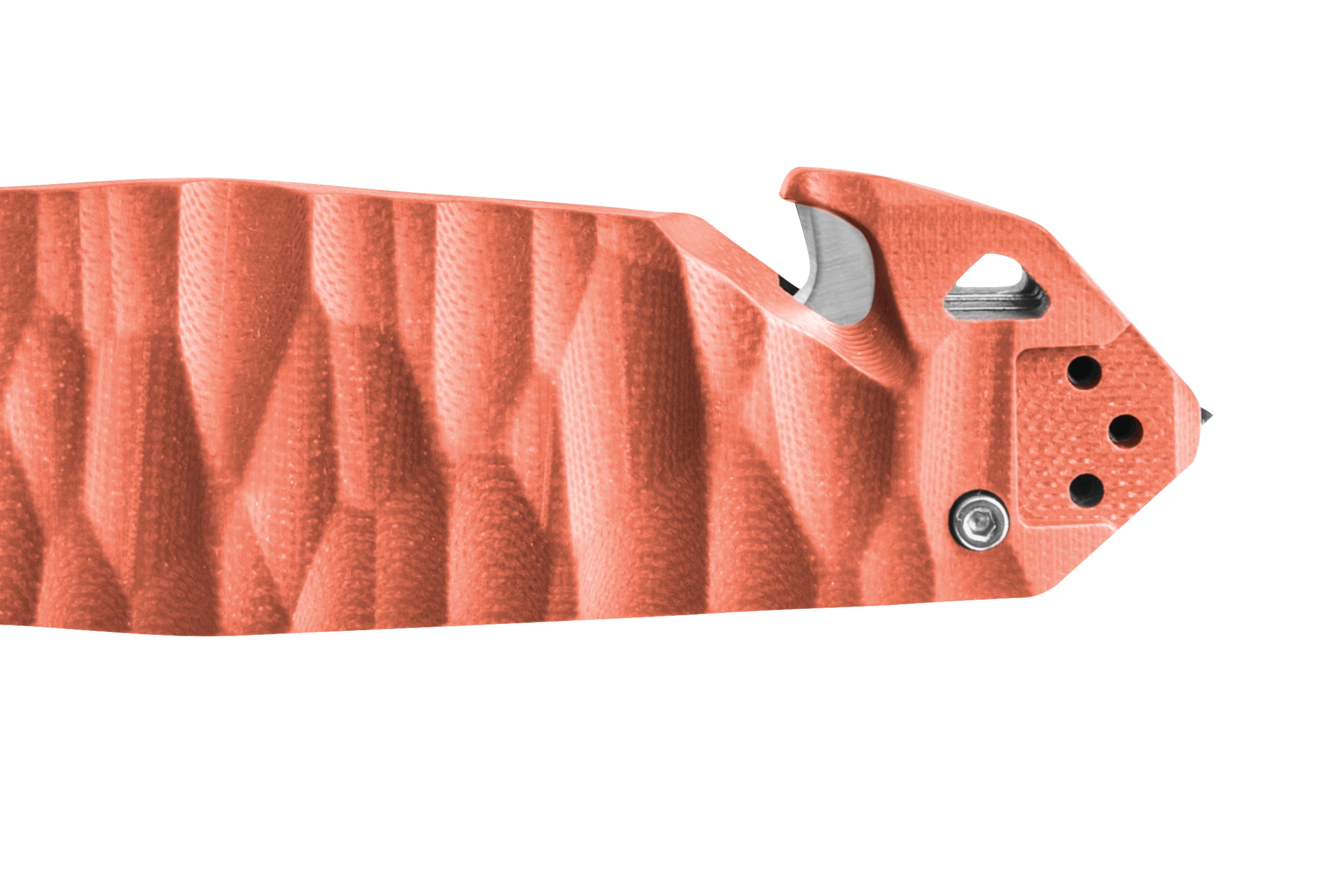 Zoom sur le manche Couteau C.A.C. lame serations manche en G10 couleur corail