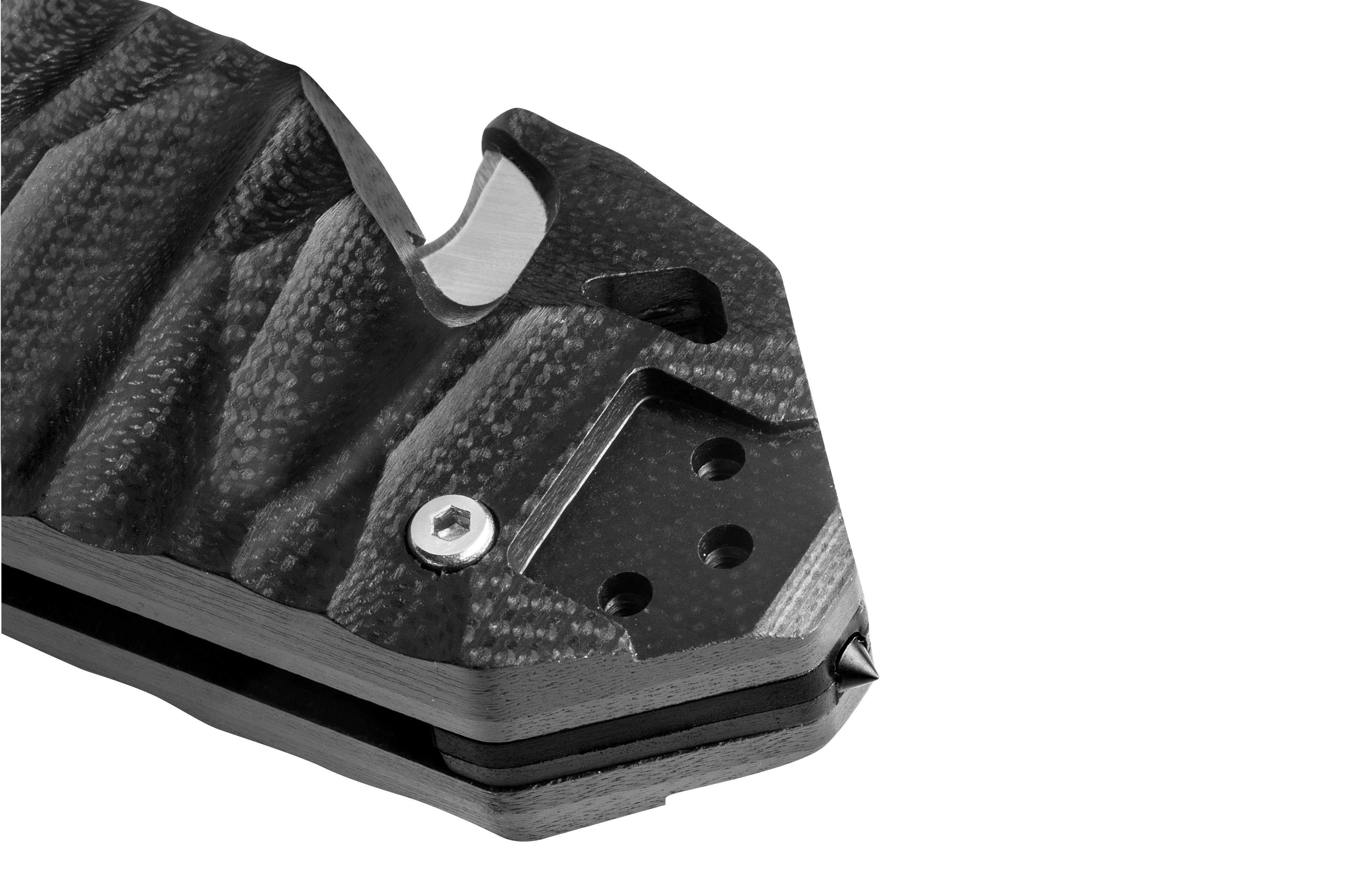Zoom sur le manche du couteau C.A.C. manche en G10 noir