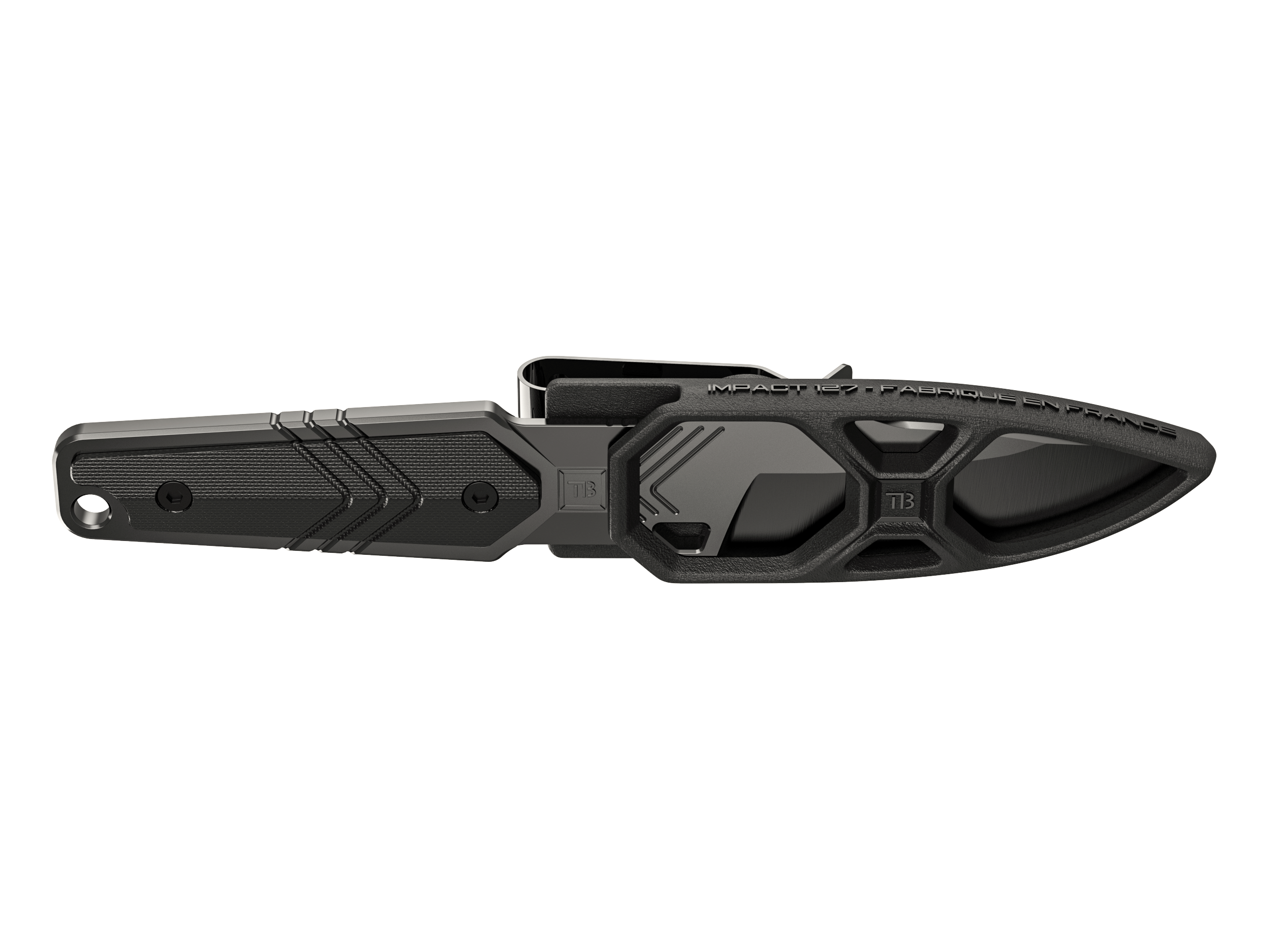 couteau impact noir manche g10 avec son étui sur fond transparent