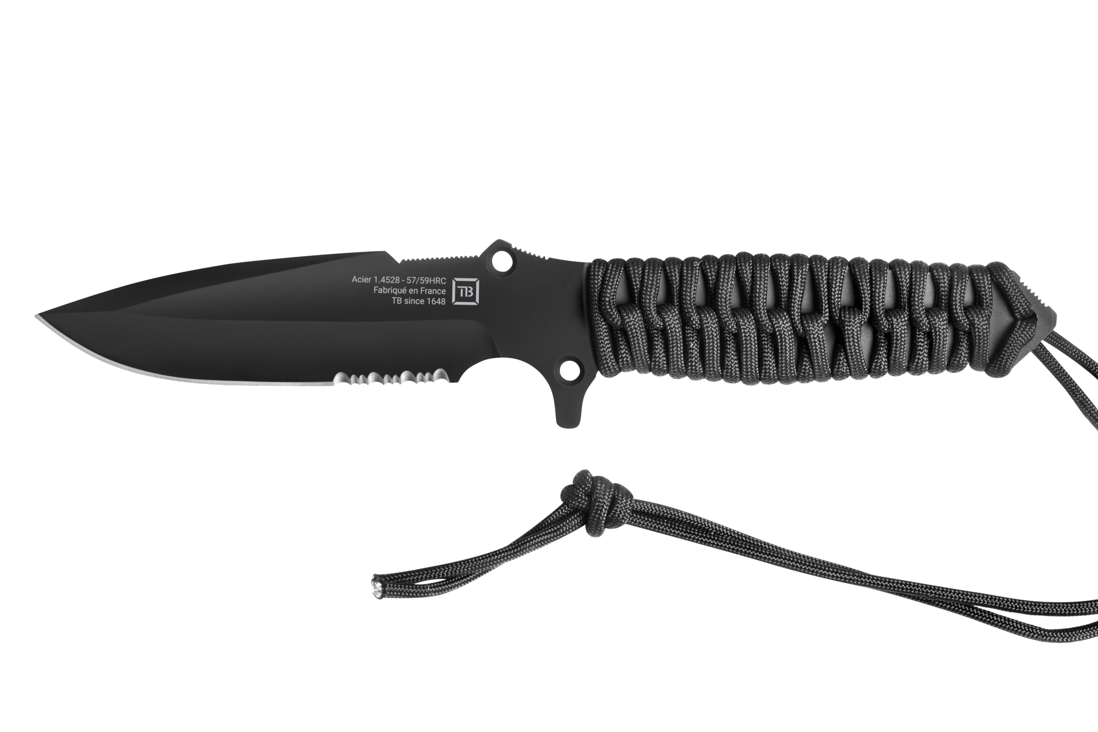 couteau maraudeur avec nouveau marquage lame serration manche en paracord noir