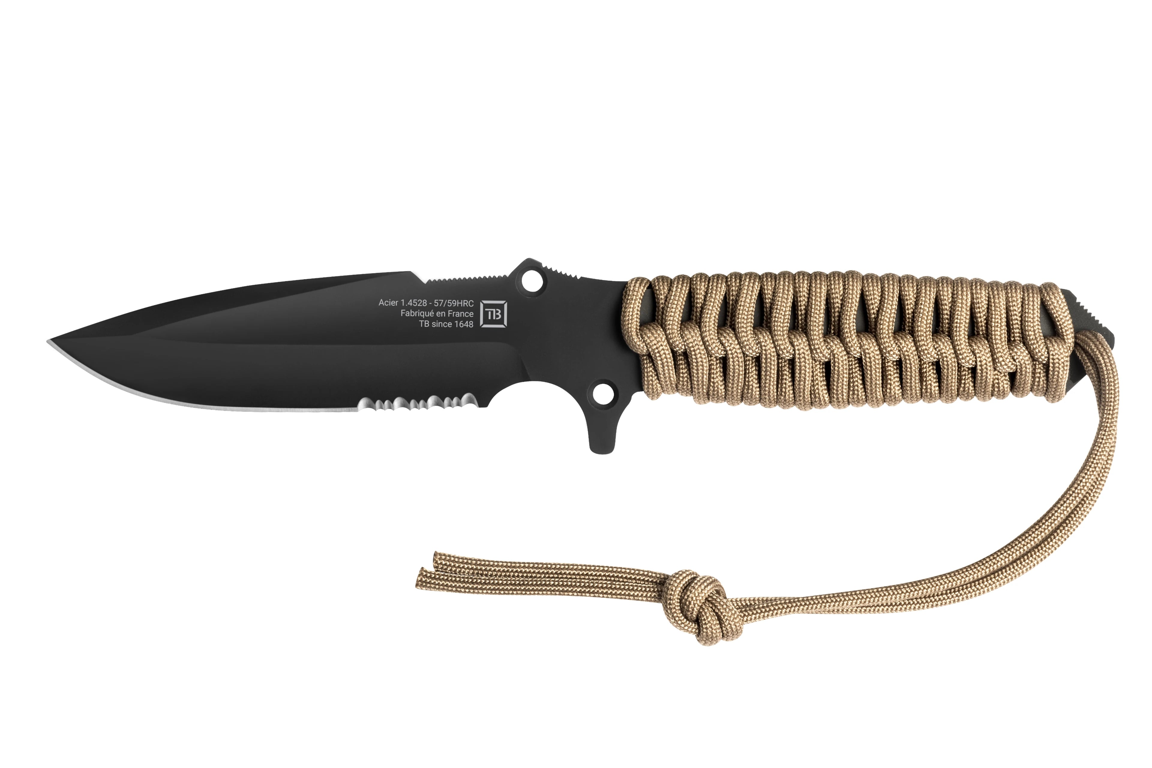 couteau maraudeur avec nouveau marquage lame serrations manche en paracord coyote