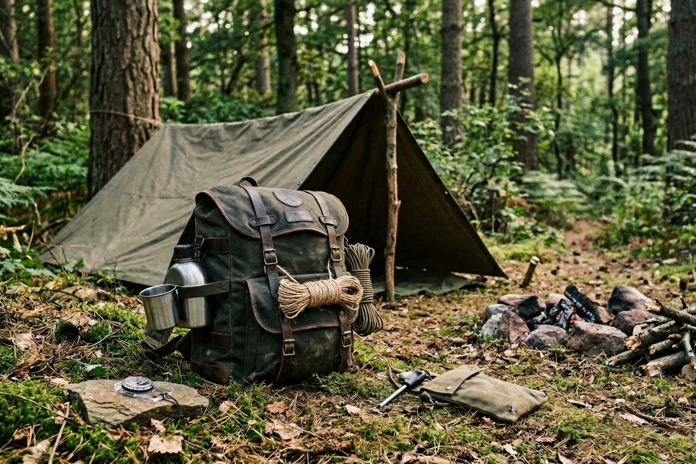 Campement en forêt avec un sac de randonneur